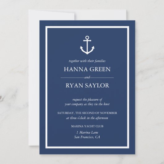 Nautical Navy Blue Anchor Wedding Invitation Kaart (Voorkant)