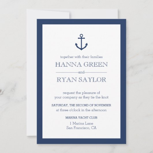 Nautical Navy Blue Anchor Wedding Invitation Kaart (Voorkant)