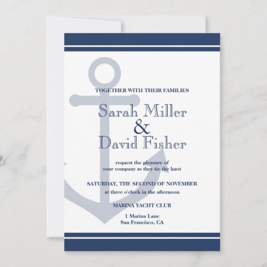 Nautical Navy Blue Anchor Wedding Invitation Kaart (Voorkant)