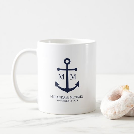 Nautical Navy Blue Anchor Wedding Koffiemok (Met donut)