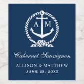 Nautical Navy Blue Anchor Wedding Monogram Wijn Etiket (Enkel label)