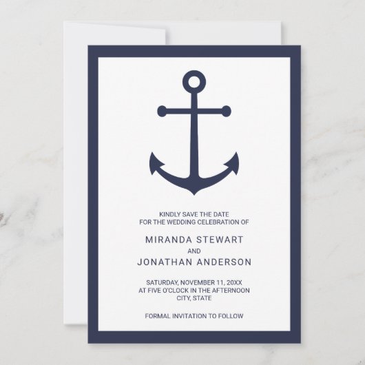 Nautical Navy Blue Anchor Wedding Save the Date (Voorkant)