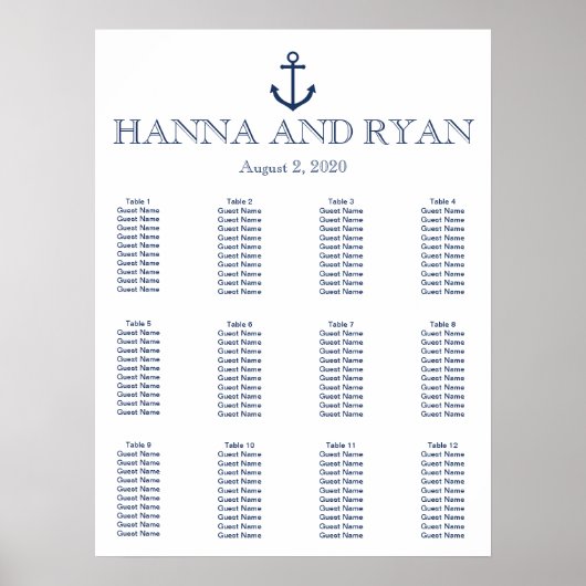 Nautical Navy Blue Anchor Wedding Seating Chart Poster (Voorkant)
