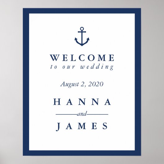 Nautical Navy Blue Anchor Wedding Welcome Sign Poster (Voorkant)