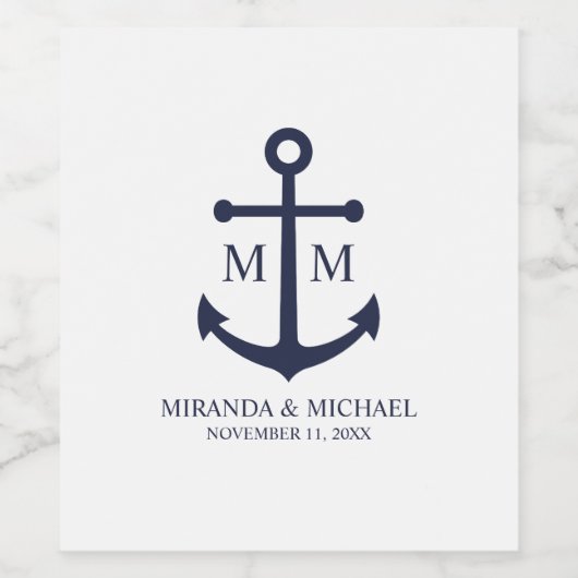 Nautical Navy Blue Anchor Wedding Wijn Etiket (Enkel label)