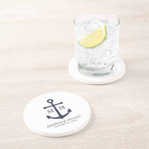 Nautical Navy Blue Anchor Wedding Zandsteen Onderzetter
