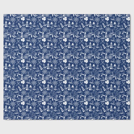 Nautical Navy Blue Anchors Sailboat Wrapping Paper Cadeaupapier (Vlak)