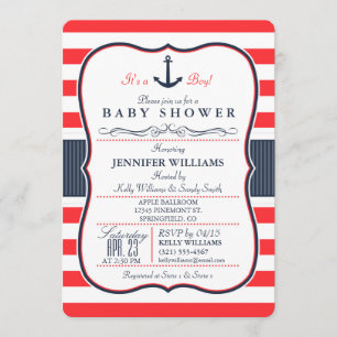Nautical Navy Blue and Red Baby shower Invitation Kaart