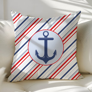 Nautical Navy Blue and Red Stripes Anchor Kussen