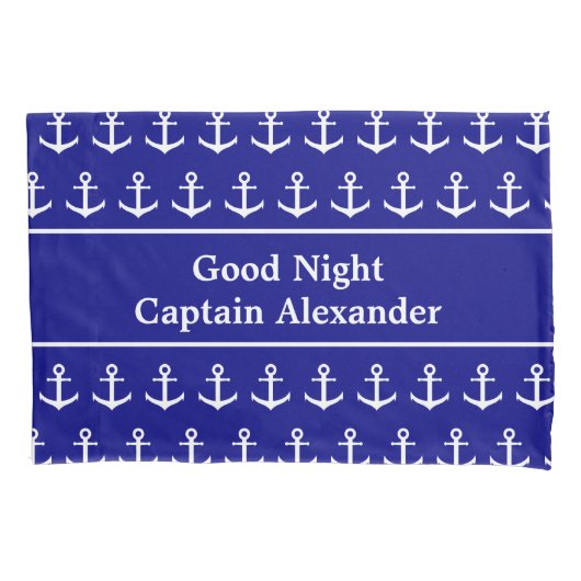Nautical Navy Blue and White Anchors and Name Kussensloop (Voorkant)