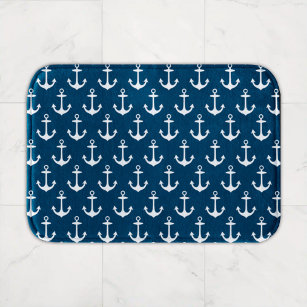 Nautical Navy Blue and White Boat Anchor Pattern Badmat