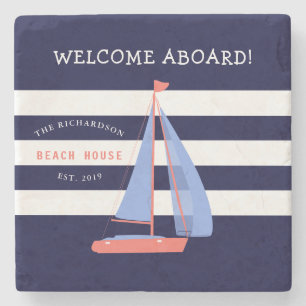 Nautical Navy Blue and White Stripes & Sailboat Stenen Onderzetter