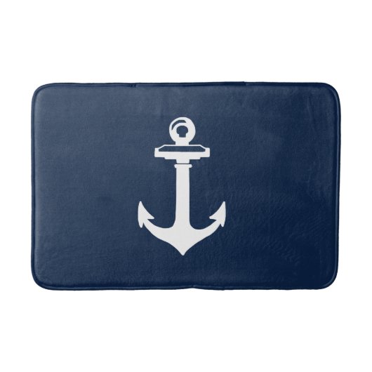 Nautical Navy Blue Bath Mat met White Anchor (Voorkant)