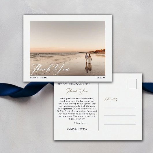 Nautical Navy Blue Beach bruiloft foto dank u Briefkaart