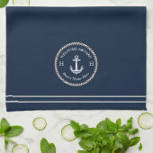 Nautical Navy Blue Boat Name Anchor Rope Kitchen Theedoek (Gevouwen)