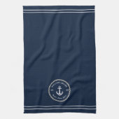 Nautical Navy Blue Boat Name Anchor Rope Kitchen Theedoek (Verticaal)