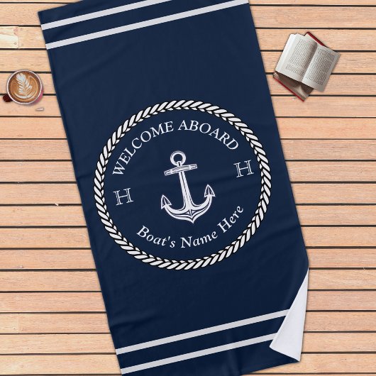 Nautical Navy Blue Boat Name Anchor Rope Strandlaken