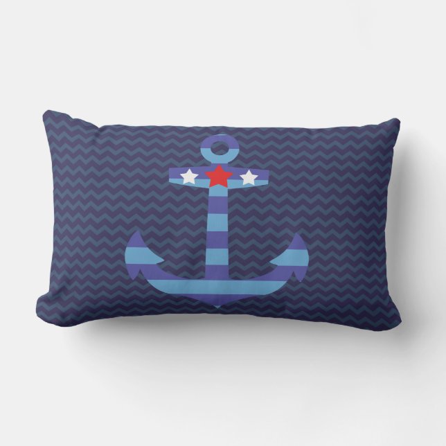Nautical Navy Blue Chevron | Blauwe anker Buitenkussen (Voorkant)