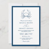Nautical Navy Blue Crab Beach QR Code Wedding Kaart (Voorkant)