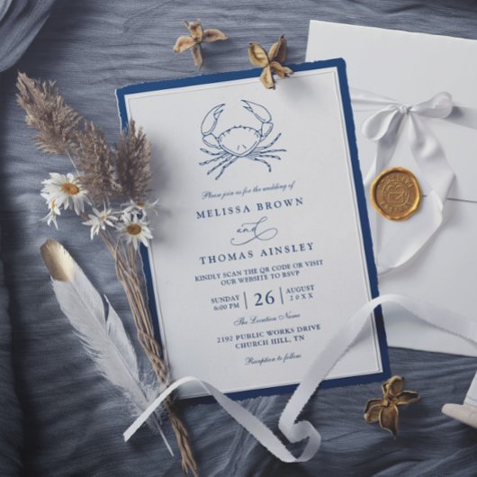 Nautical Navy Blue Crab Beach QR Code Wedding Kaart