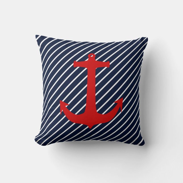 Nautical Navy Blue Diagonal Stripe Red Anchor Kussen (Voorkant)