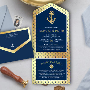 Nautical Navy Blue en Gold Anchor Baby shower All In One Uitnodiging