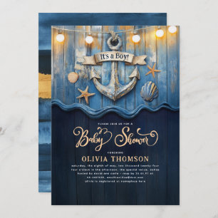 Nautical Navy Blue en Gold Anchor Baby shower Kaart