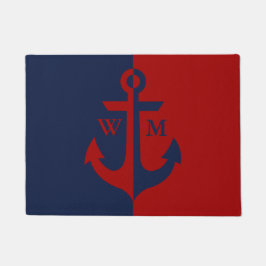 Nautical Navy Blue en Red Anchor Monogram Deurmat