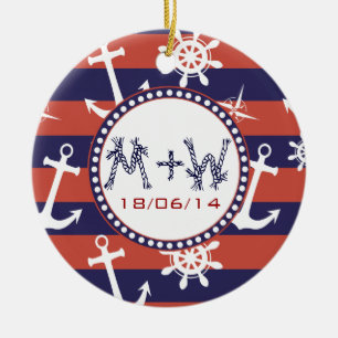 Nautical navy blue en red strepen redden de datum keramisch ornament
