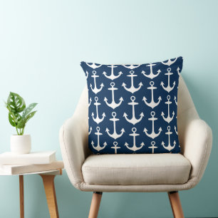 Nautical Navy Blue en White Anchor Pattern Kussen