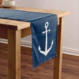 Nautical Navy Blue en White Boat Anchor Korte Tafelloper