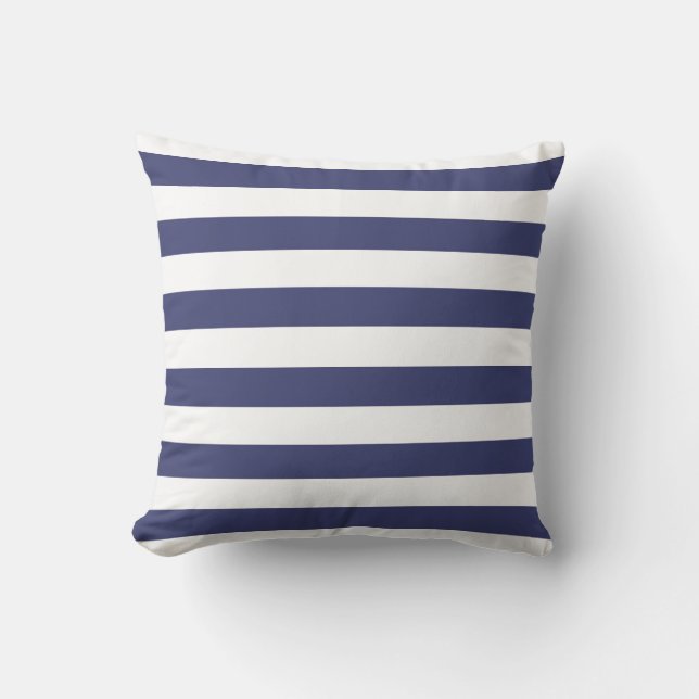 Nautical Navy Blue en White Striped Kussen (Voorkant)