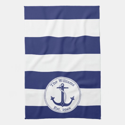 Nautical Navy Blue en White Striped Theedoek (Verticaal)