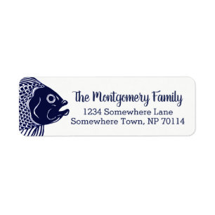 Nautical Navy Blue Fish Head & Family Name Etiket