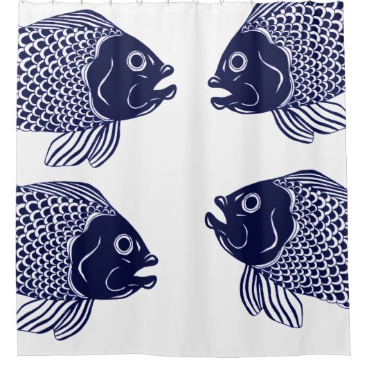 Nautical Navy Blue Fish Head & White Douchegordijn (Voorkant)