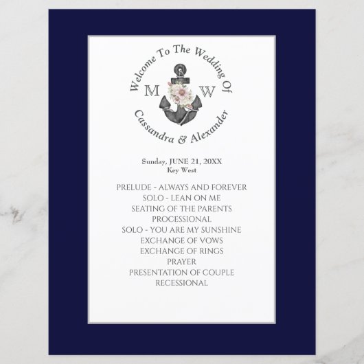 Nautical Navy Blue Floral Ancre Programme de maria (Devant)