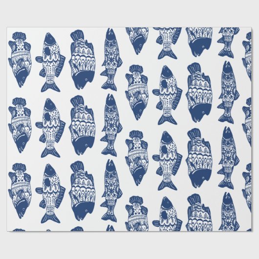 Nautical Navy Blue Floral Patterned Fish Cadeaupapier (Vlak)
