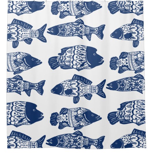 Nautical Navy Blue Floral Patterned Fish Douchegordijn (Voorkant)