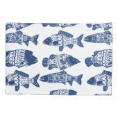 Nautical Navy Blue Floral Patterned Fish Kussensloop (Achterkant-Links)