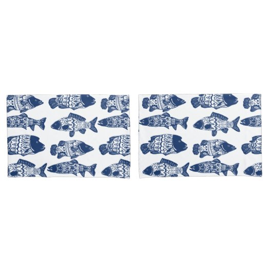 Nautical Navy Blue Floral Patterned Fish Kussensloop (Voorkant-Set)
