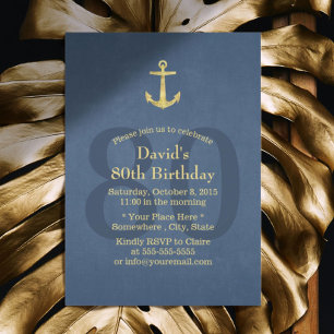 Nautical Navy Blue Gold Anchor 80th Birthday Party Kaart
