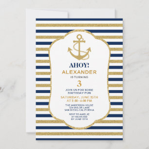 Nautical Navy Blue Gold Anchor Birthday Party Kaart
