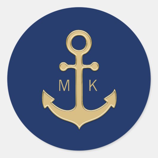 Nautical Navy Blue Gold Anchor Wedding MONOGRAMS Ronde Sticker (Voorkant)