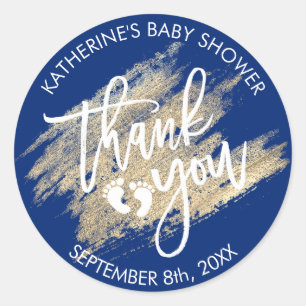 Nautical Navy Blue Gold Brush Stroke Baby shower Ronde Sticker