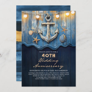 Nautical Navy Blue & Gold Wedding Jubileum Kaart