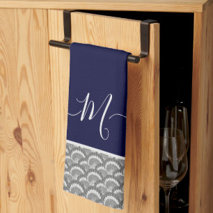 Nautical Navy Blue Grey Seashell Monogram initiaal Theedoek
