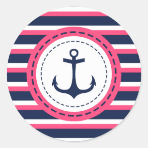 Nautical Navy Blue Hot Pink Stripes Anker Ontwerp Ronde Sticker