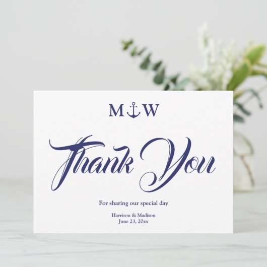 Nautical navy blue monogram Weddenschap Bedankt