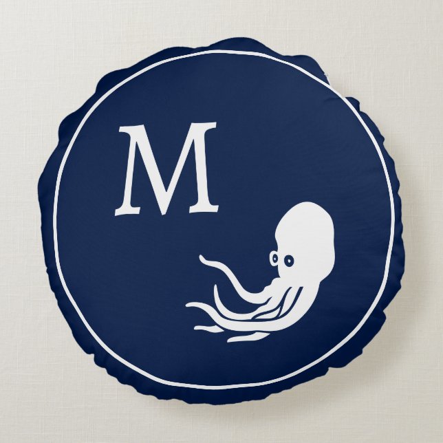 Nautical Navy blue octopus Rond Kussen (Achterkant)