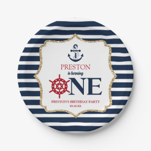 Nautical Navy Blue ONE Eerste 1e verjaardagsfeestj Papieren Bordje